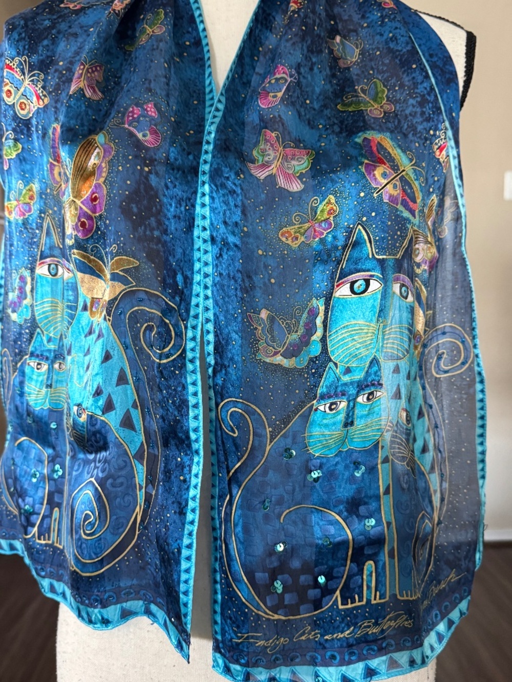 Laurel Burch Silk Scarf Indigo Cats and Butterfly